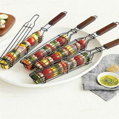 바구니를 굽는 늘어붙지 않게 되어 있는 나무 손잡이 BBQ 그릴 바구니 불고기